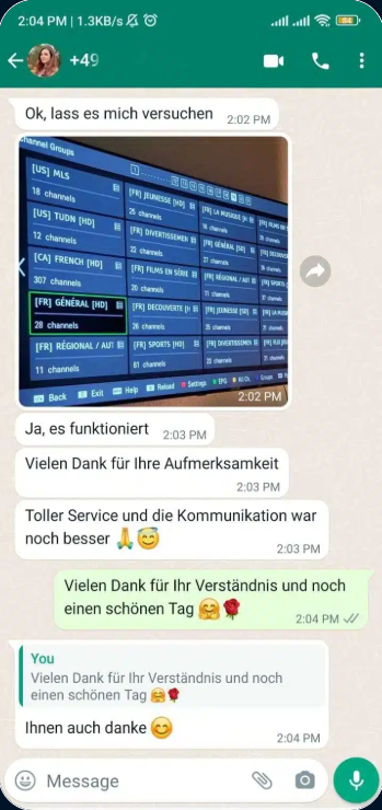 Premium IPTV Kundenbewertung — Echte WhatsApp Nachricht eines zufriedenen Abonnenten